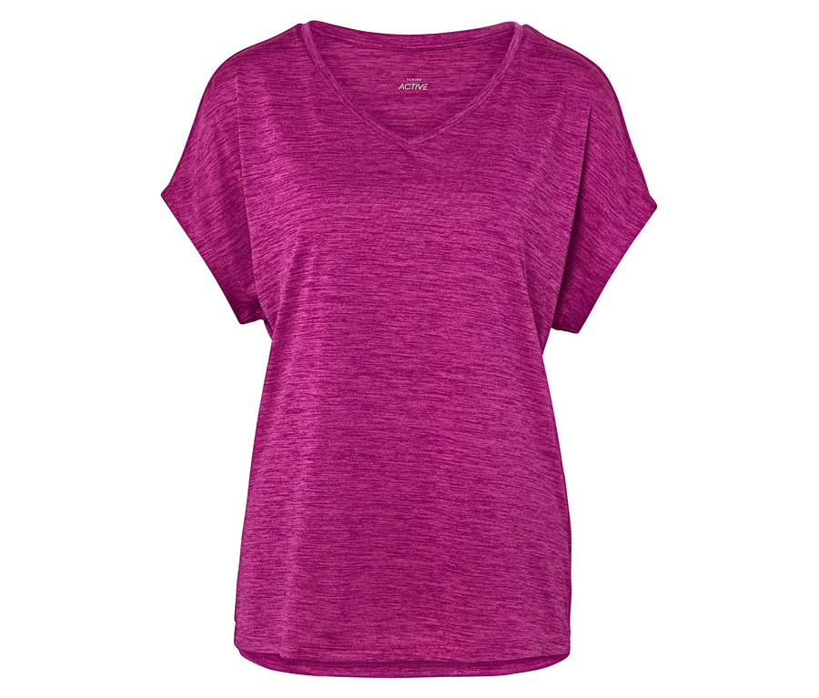 Nahaufnahme eines melierten, pinkfarbenen Sport-T-Shirts mit V-Ausschnitt.