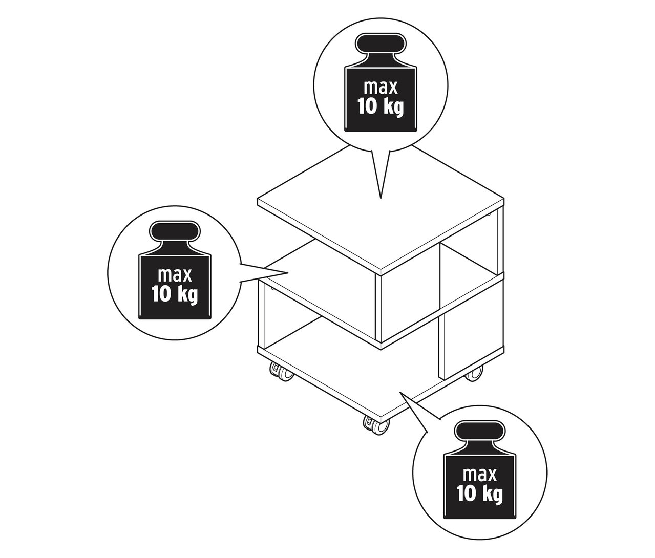 Illustration eines Couchtischs in Holzoptik auf Rollen mit Gewichtsangaben.