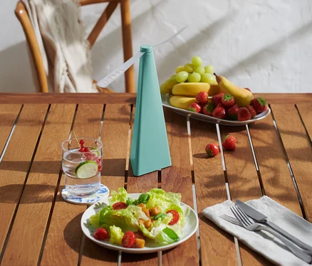 Auf einem Holztisch stehen ein Getränk, ein Salatteller, eine Obstschale und ein türkisfarbener Ventilator.