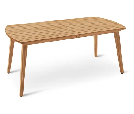 Ein rechteckiger Holztisch mit abgerundeten Enden und vier Beinen steht auf einem weißen Hintergrund.