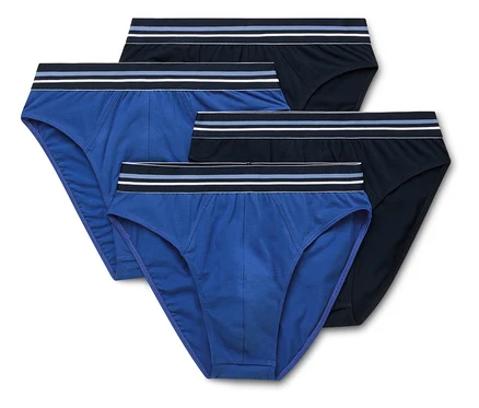 Vier Herrenslips in Blau und Schwarz liegen übereinander.