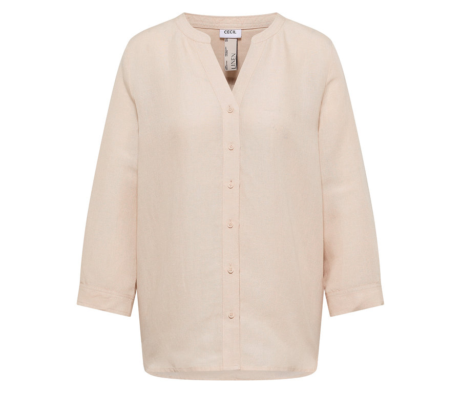 Beige, langärmlige CECIL Bluse mit V-Ausschnitt und durchgehender Knopfleiste.