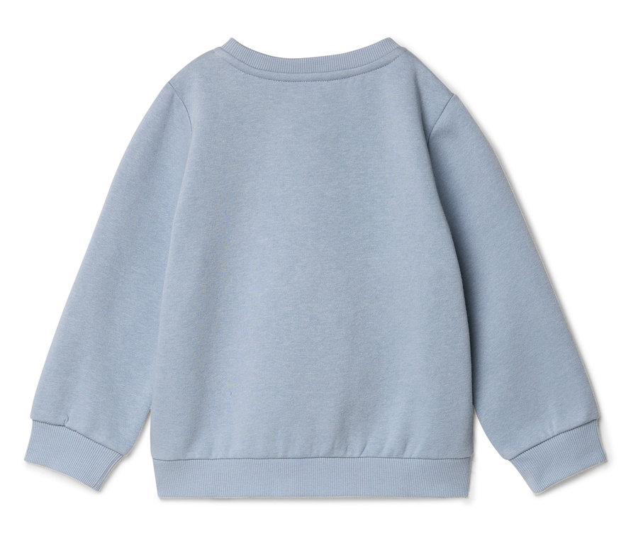 Hellblauer Pullover, von hinten fotografiert.