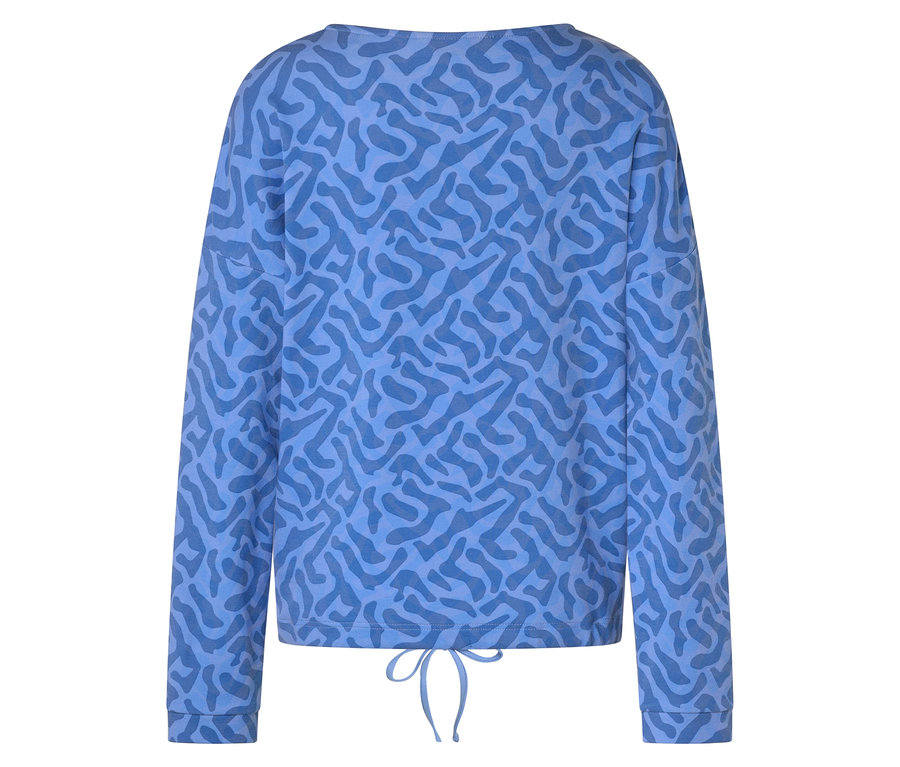 Blaues Langarmshirt mit abstraktem Muster und Kordelzug am Saum.