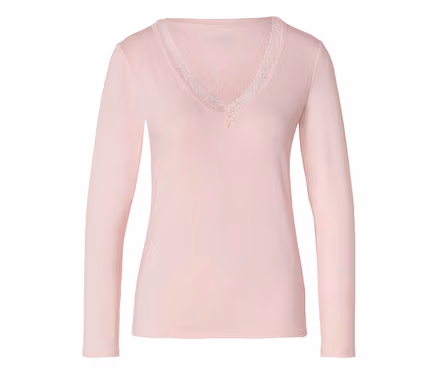 Rosa Langarmshirt mit V-Ausschnitt und weißer Spitze.