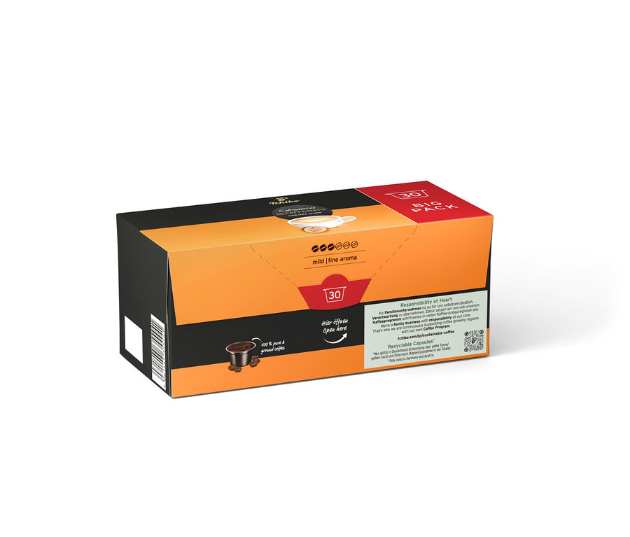 Eine Packung Cafissimo Caffè Crema vollmundig Kapseln in Orange und Schwarz.