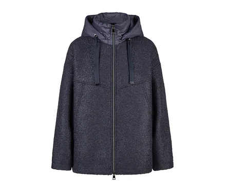 Dunkelblaue Barbara Lebek Bouclé-Wolljacke mit Reißverschluss und glatter, gepolsterter Kapuze.