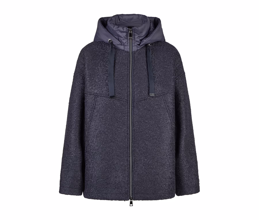Dunkelblaue Barbara Lebek Bouclé-Wolljacke mit Reißverschluss und glatter, gepolsterter Kapuze.