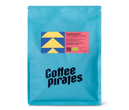 Blaue Packung Coffee Pirates - Troublestarter Bio Espresso - 1 kg Ganze Bohne.