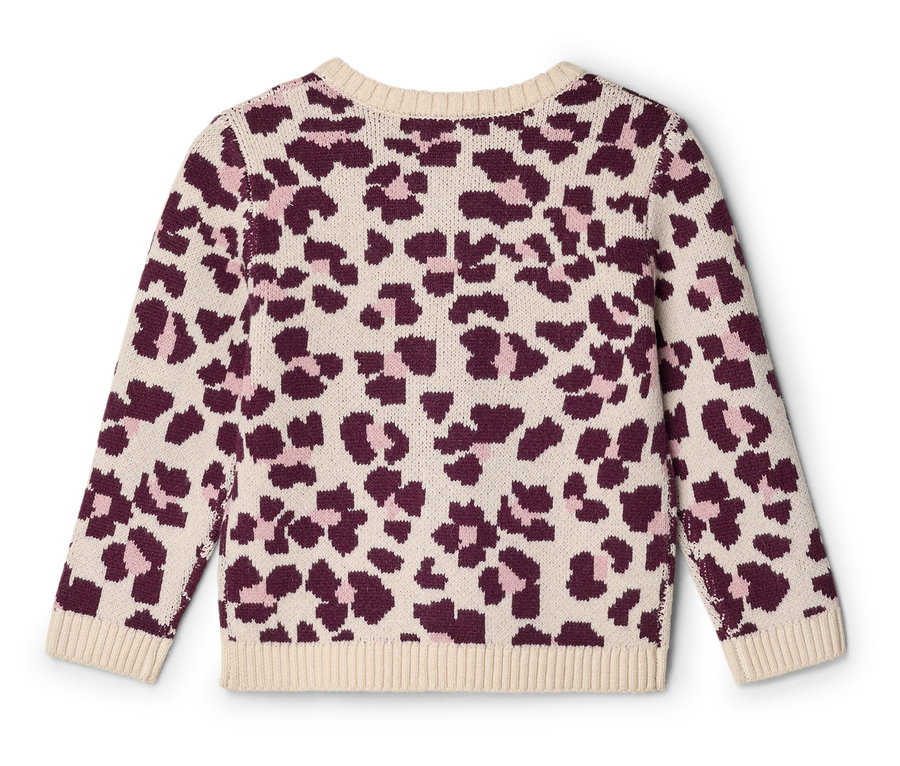 Rückseite eines langärmeligen Pullovers mit Leopardenmuster in Creme, Dunkellila und Hellrosa. Er hat einen gerippten Rundhalsausschnitt, Bündchen und Saum.