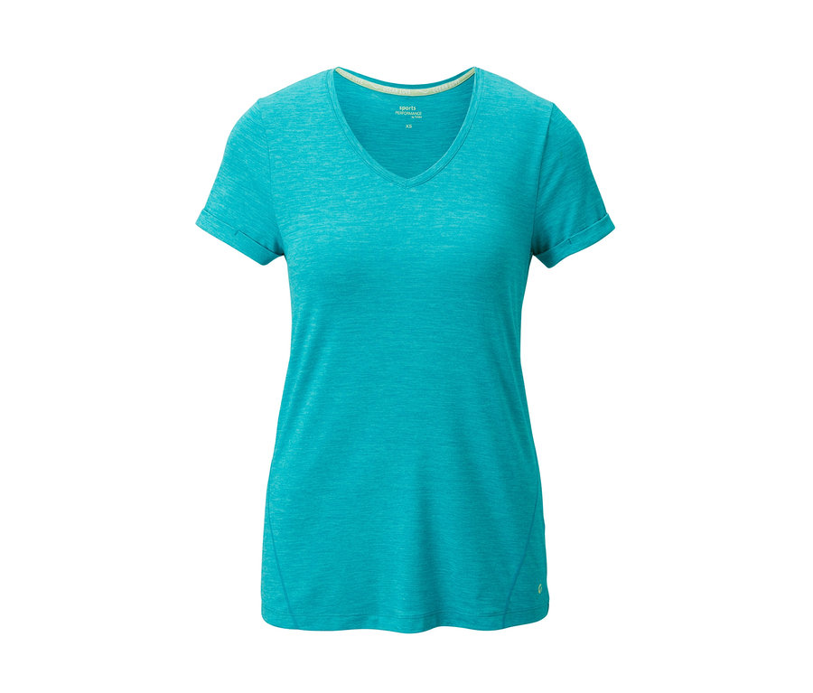 Türkises Sportshirt mit V-Ausschnitt.