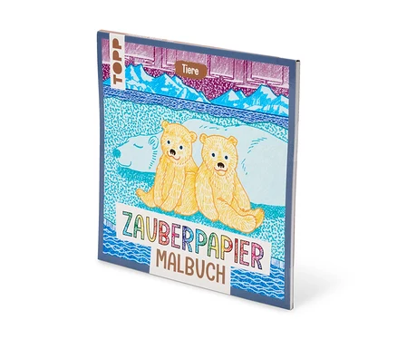 Ein Malbuch mit einem Cover, das zwei gelbe Eisbärenjunge auf Eis sitzend zeigt, mit Bergen und Wasser im Hintergrund. Der Titel "ZAUBERPAPIER MALBUCH" und "Tiere" sind sichtbar.