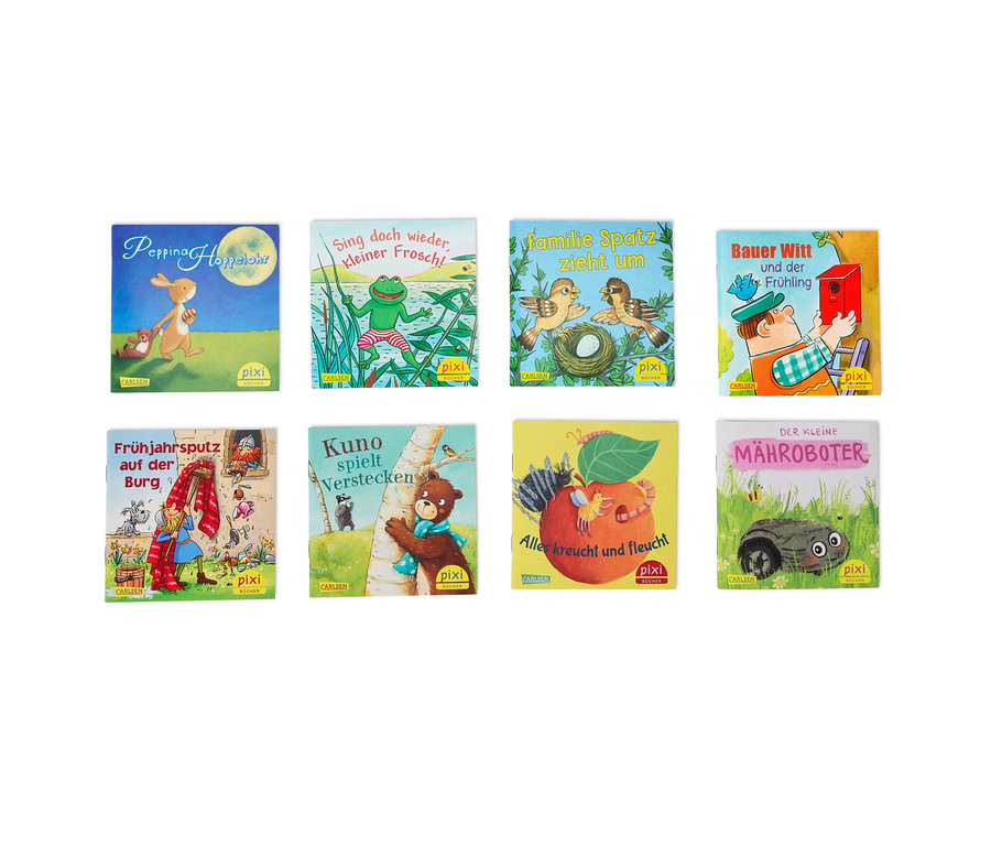 Acht Pixi-Buchcover sind in zwei Reihen angeordnet. Die Bücher zeigen Illustrationen mit Tieren und Menschen.