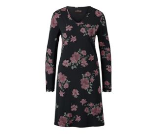 Schwarz mit floralem Alloverprint<br>Spitze schwarz<br>Wäscheschleife roséfarben