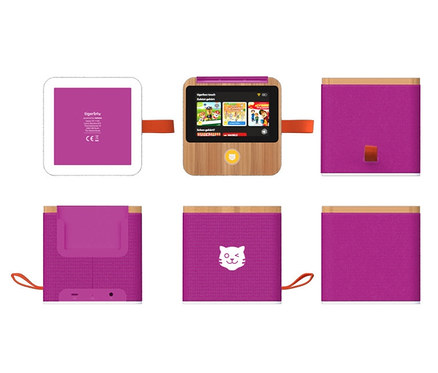Sechs Ansichten des lila tigerbox TOUCH Pakets. Gezeigt werden der Bildschirm, die Seiten und die Rückseite.