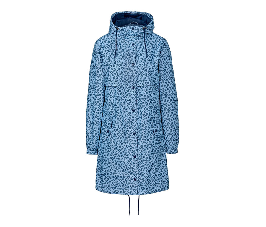 Blauer Regenmantel mit Leopardenmuster, packable.
