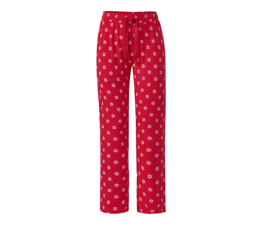 Eine rote Jersey-Relaxhose mit weißen Schneeflocken.