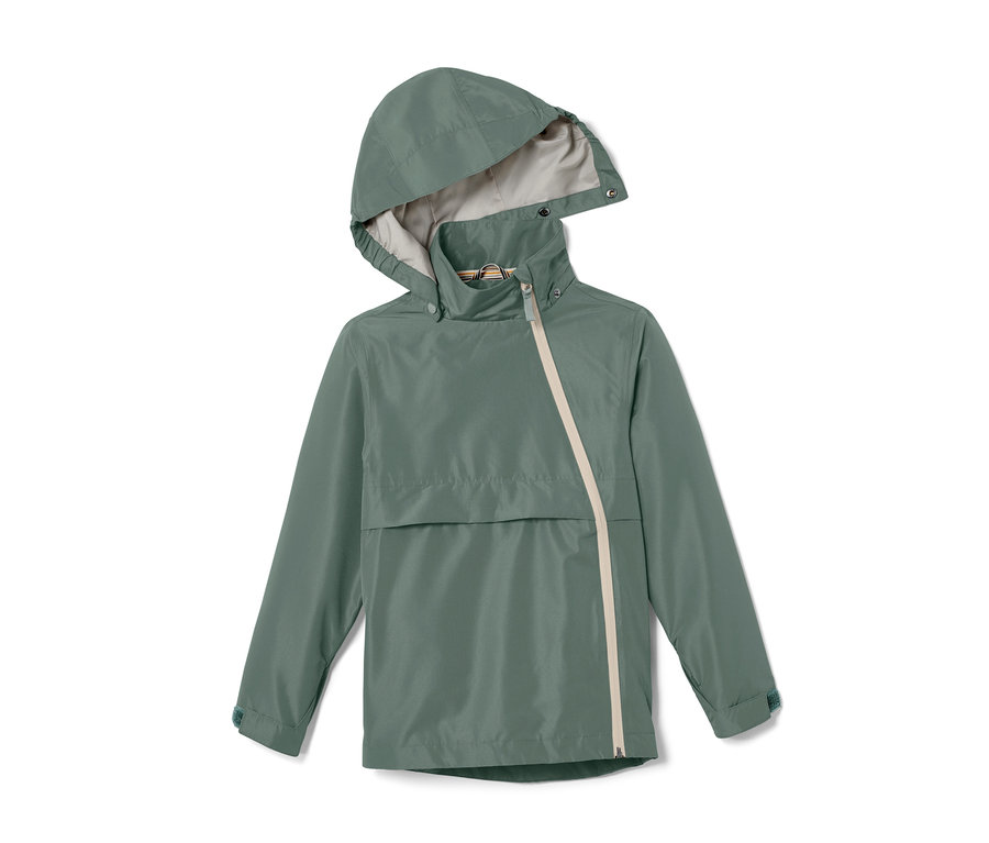 Grüne Allwetterjacke mit Kapuze und Reißverschluss.