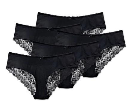 Fünf schwarze Brazilslips mit Spitze.