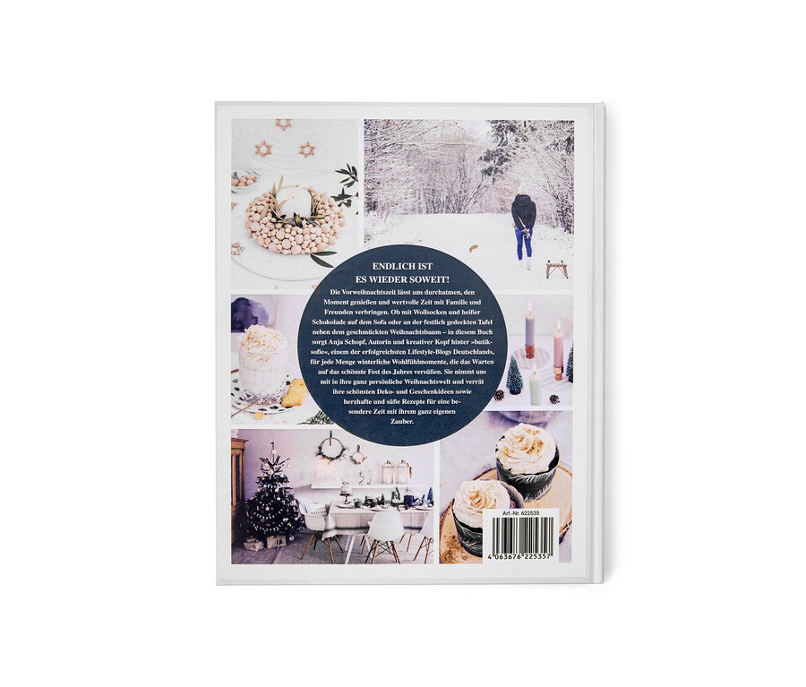 Rückseite des Buches »Weihnachtszauber« mit Fotos von Weihnachtsdekorationen und verschneiter Landschaft.