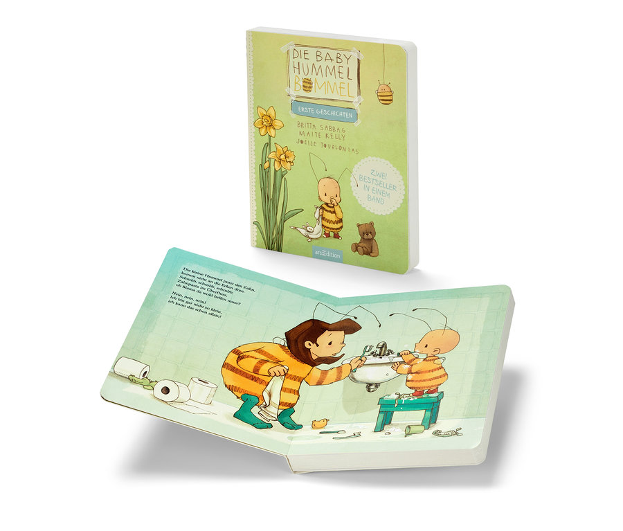 Illustration des Buches "Baby Hummel Bommel – erste Geschichten": Oben ein geschlossenes Buch, unten ein geöffnetes mit einer Illustration zum Zähneputzen.