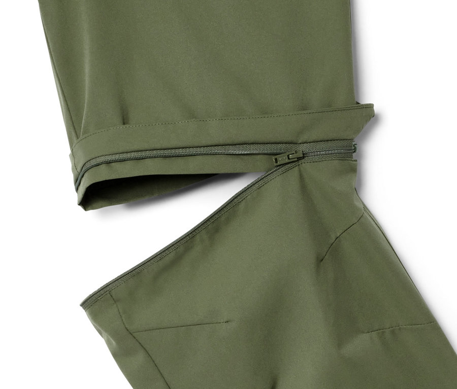 Detail einer khaki 2-in-1-Funktionshose mit Reißverschluss.