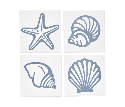 Vier maritime Fliesenaufkleber: Seestern und Muscheln.