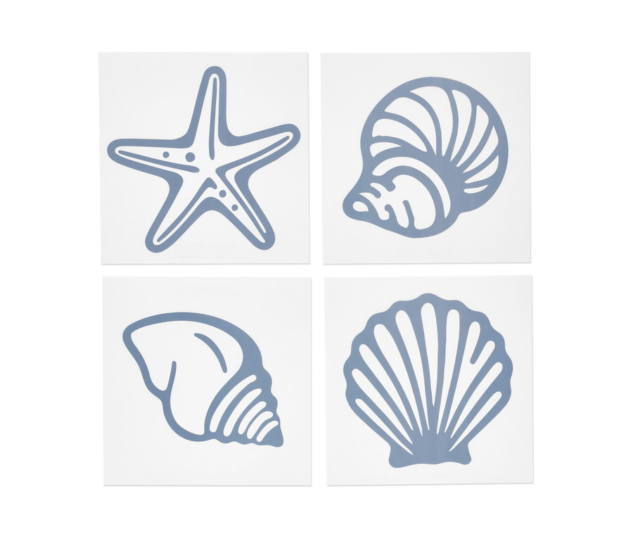 Vier maritime Fliesenaufkleber: Seestern und Muscheln.