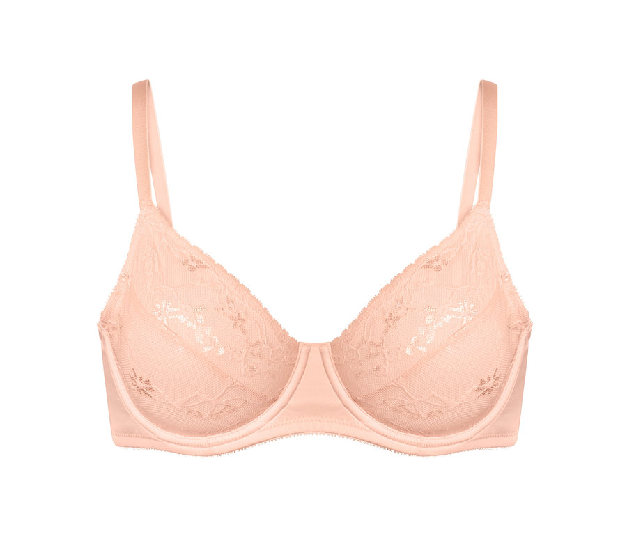 Aprikotfarbener Bügel-BH mit Spitze.