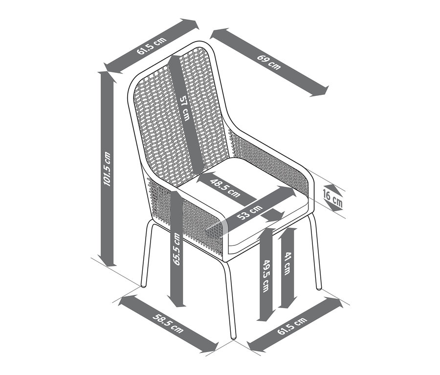 Abmessungen des Hochlehners mit Textilgeflecht.
