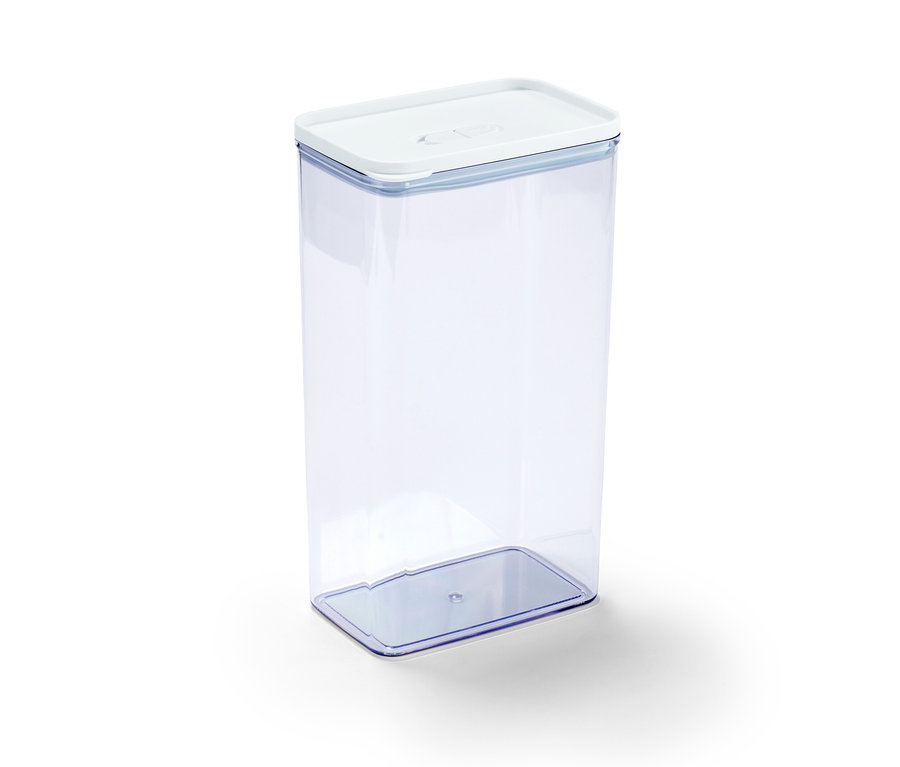 Eine durchsichtige Vorratsdose mit weißem Deckel.