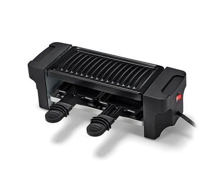 Schwarzer Raclette-Grill für 2 Personen mit Antihaftbeschichtung und zwei Pfännchen.