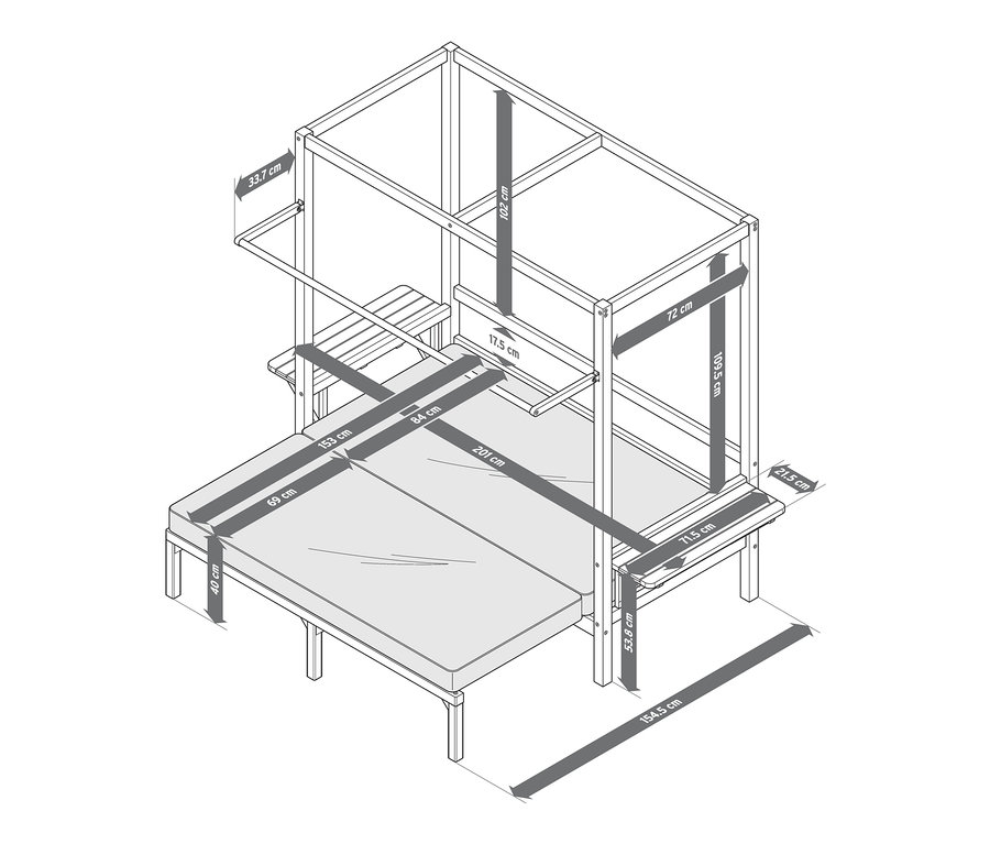 Eine schematische Darstellung eines Lounge-Strandkorbs »Tinus« mit ausziehbarem Fußteil und den dazugehörigen Maßen.