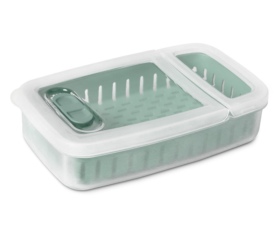 Grüne Vorratsdose mit weißem Deckel.