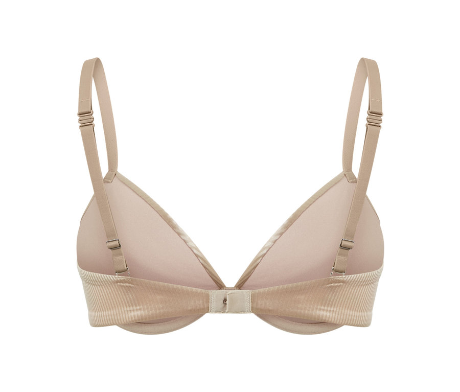 Beiger Vario-Push-up-BH mit verstellbaren Trägern und Hakenverschluss.