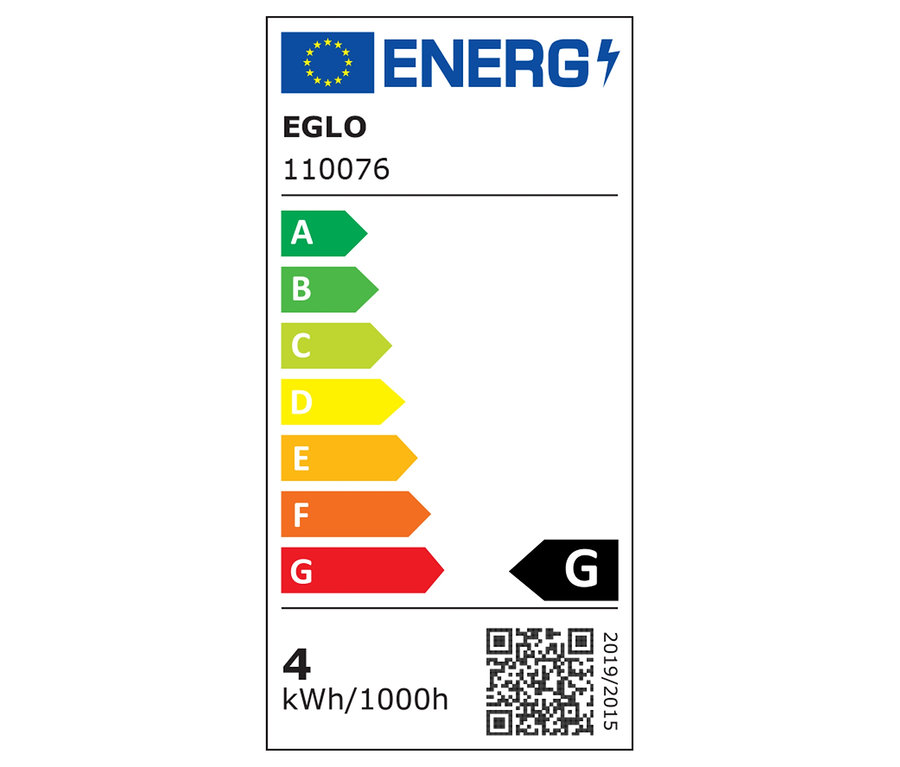 EGLO 110076 Energieetikett mit den Klassen A bis G und einem Verbrauch von 4 kWh/1000h.