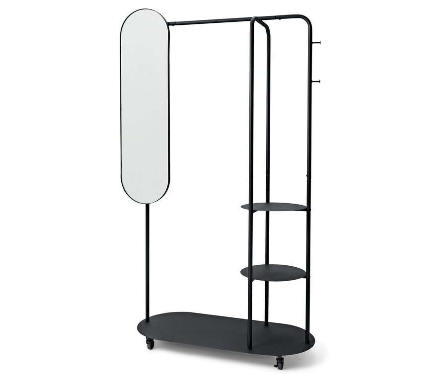 Schwarzer Kleiderständer mit ovalem Spiegel und Regalen.