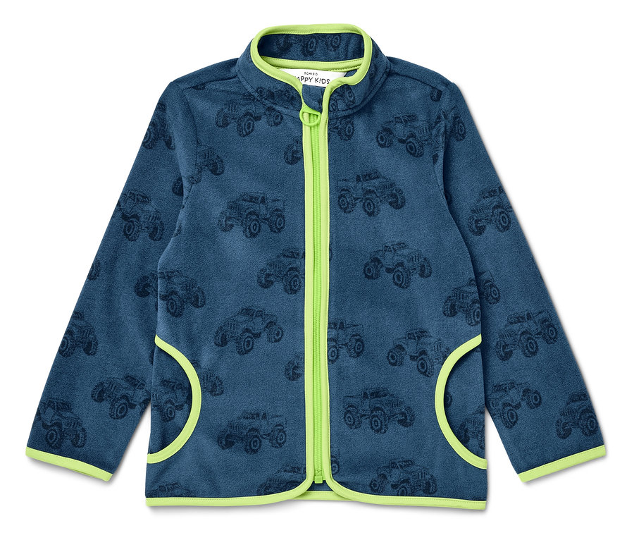 Blaue Fleecejacke mit Automuster.