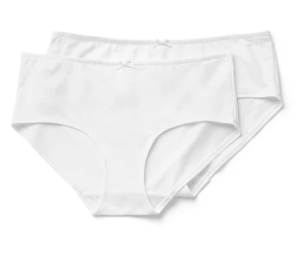 Zwei weiße Baumwollslips mit Schleife liegen übereinander.