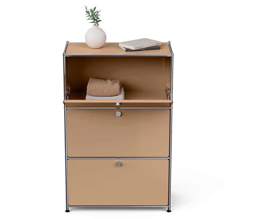 Ein offener, beiger Schrank mit zwei Schubladen, oben eine Vase mit einer Pflanze und Bücher.