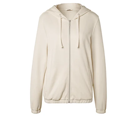 Cremefarbener Kapuzenpullover mit Reißverschluss in der Mitte.