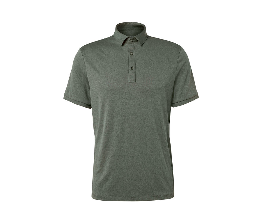 Khaki Funktions-Poloshirt mit kurzen Ärmeln und drei Knöpfen.