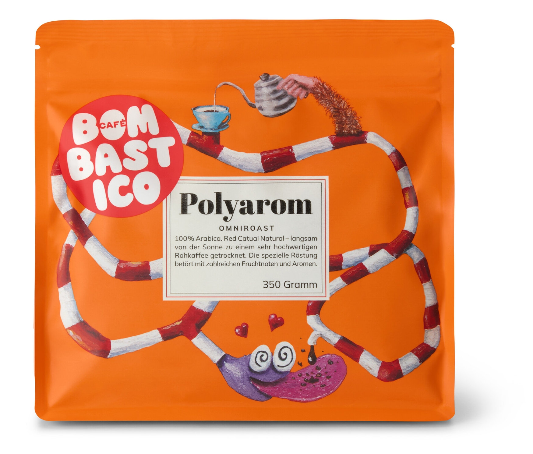 Orangefarbene Packung Bombastico - Polyarom Omni-Roast - 350 g Ganze Bohne.