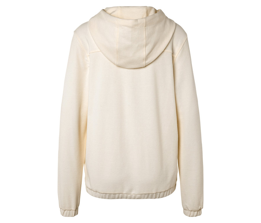 Rückansicht eines cremefarbenen Kapuzenpullovers.