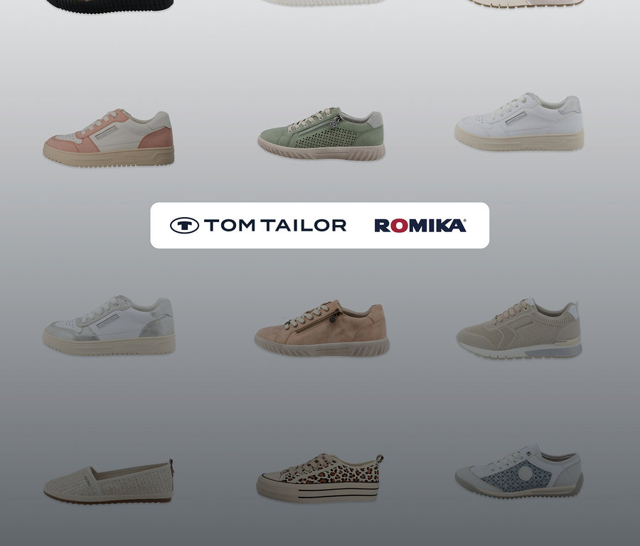 Eine Sammlung von Schuhen der Marken Tom Tailor und Romika, darunter Sandalen und Turnschuhe. Zu sehen ist eine Romika Sandale, PU sand.