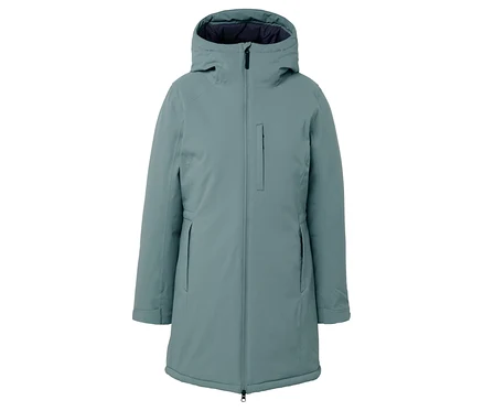 Türkisblaue Winterjacke mit Kapuze und Reißverschluss.