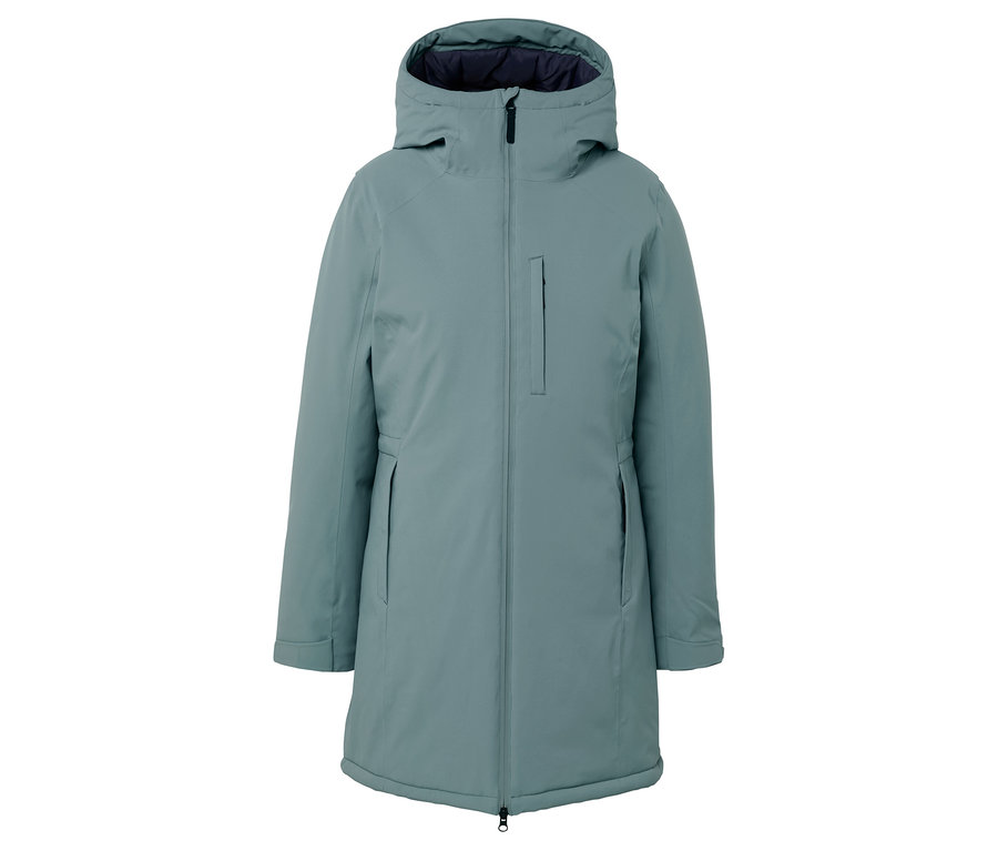 Türkisblaue Winterjacke mit Kapuze und Reißverschluss.