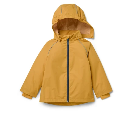 Gelbe Jacke mit Kapuze und blauem Reißverschluss.