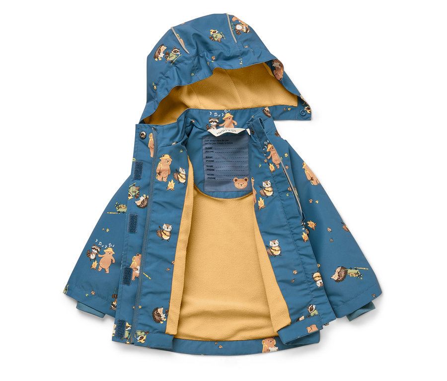 Geöffnete, blaue Kinderjacke mit Kapuze und Tiermuster, gelbes Innenfutter.