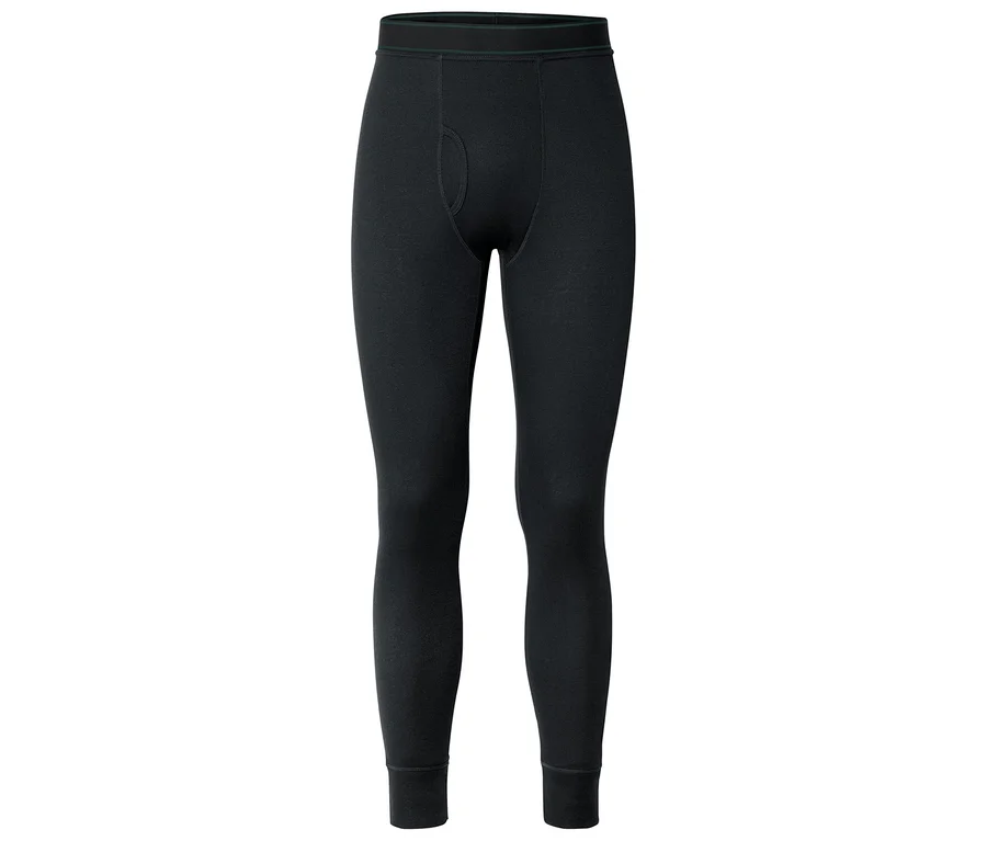 Schwarze, lange Unterhose mit elastischem Bund und angedeutetem Eingriff.